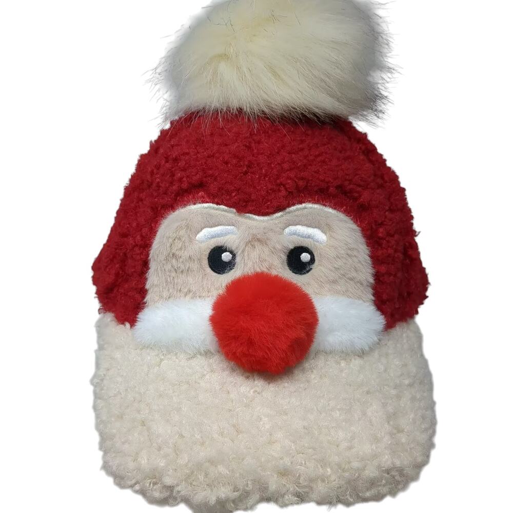 Holiday Time Sherpa Santa Baseball Cap Red Beige OS Hat Pom Pom Strapback